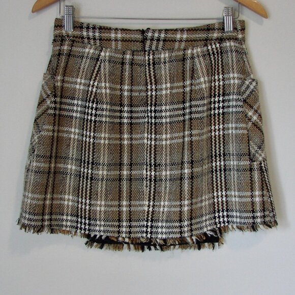 Zara Brown Black Plaid Mini Skirt Frayed Fringe Pockets Size Medium - Picture 10 of 14